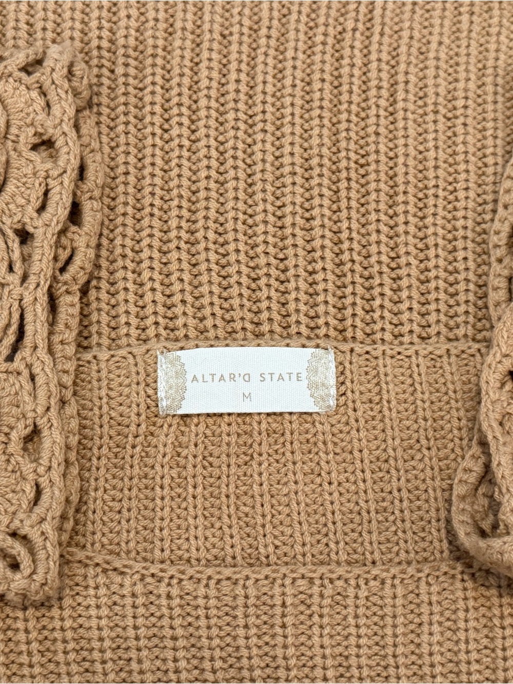 Altar'd State Crochet Floral Sleeve Crewneck Sweater - Camel - Picture 3 of 5